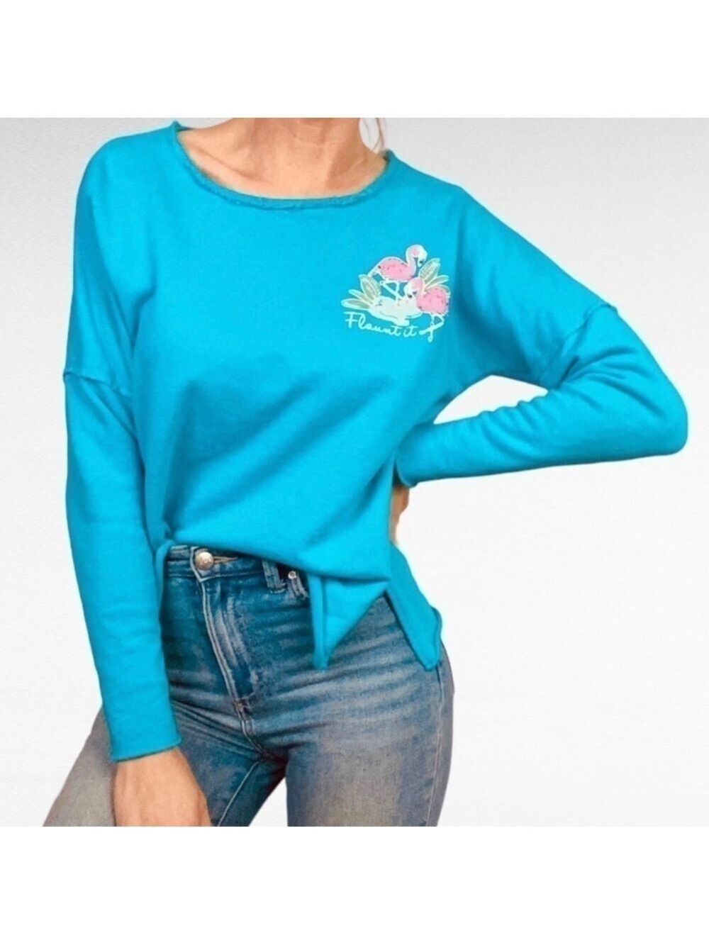 Crown & Ivy Flamingo Pullover Top Beach Turquoise Pink Print Summer